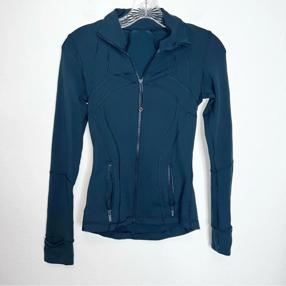 Lululemon Women Sz 2 Teal Define Full Zip Up Jacket Thumbhole Cuffins Slim Fit